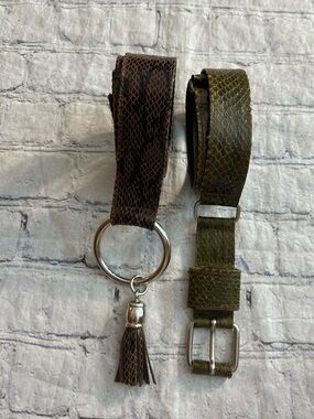 SNAKESKIN PRINT LOT OF (2) FUN BELTS SILVER TONE HARDWARE OLIVE AND BROWN